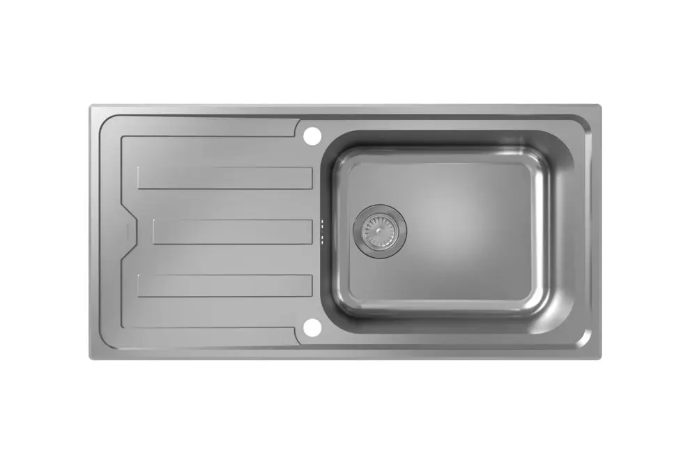 Einbauspüle aus Edelstahl mit integriertem Abtropfbereich und Ablaufgarnitur. Von Hansgrohe, ohne sichtbare Maße oder spezifische Produkthinweise.